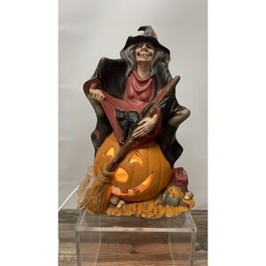 Vintage Witch Pumpkin Lamp Lighted Halloween Decor Jack O Lantern Black Cat
